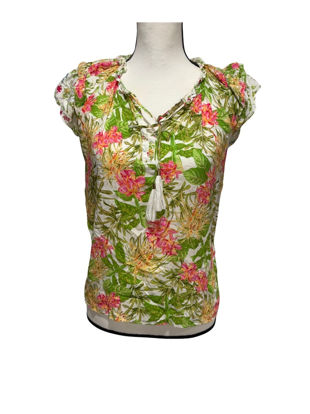 Rose + Olive Floral Blouse Top Small Boho Peasant Tassel Tie Neck Ruffle Sleeve